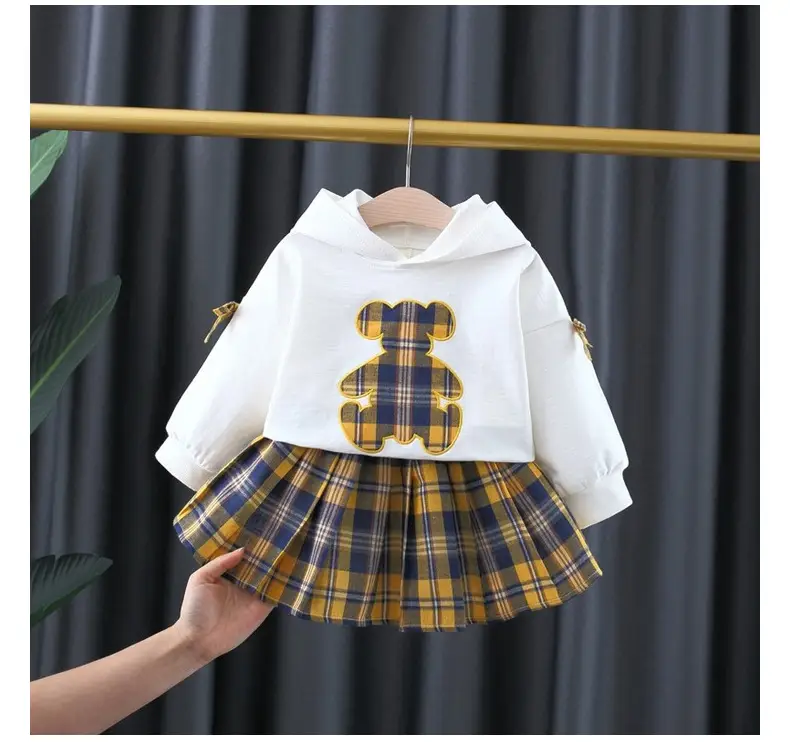 Girls Bear Plaid Hoodie & Skirt Set Spring Autumn — feature 8