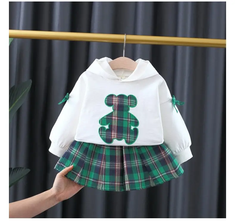 Girls Bear Plaid Hoodie & Skirt Set Spring Autumn — feature 9