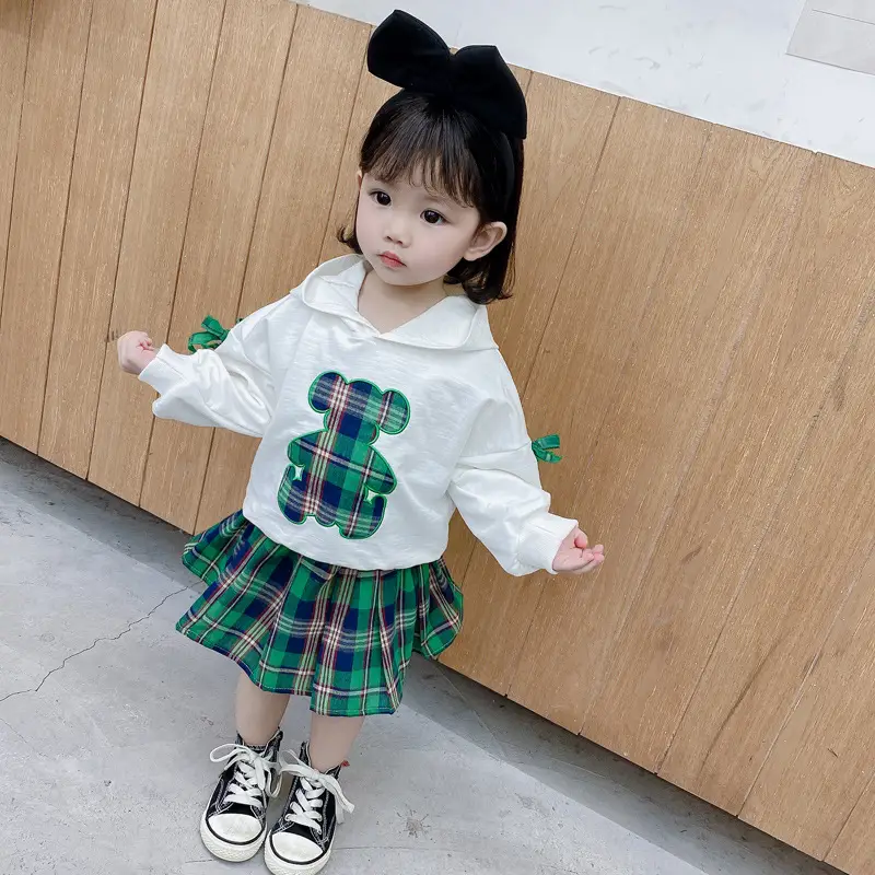 Girls Bear Plaid Hoodie & Skirt Set Spring Autumn - Image 2
