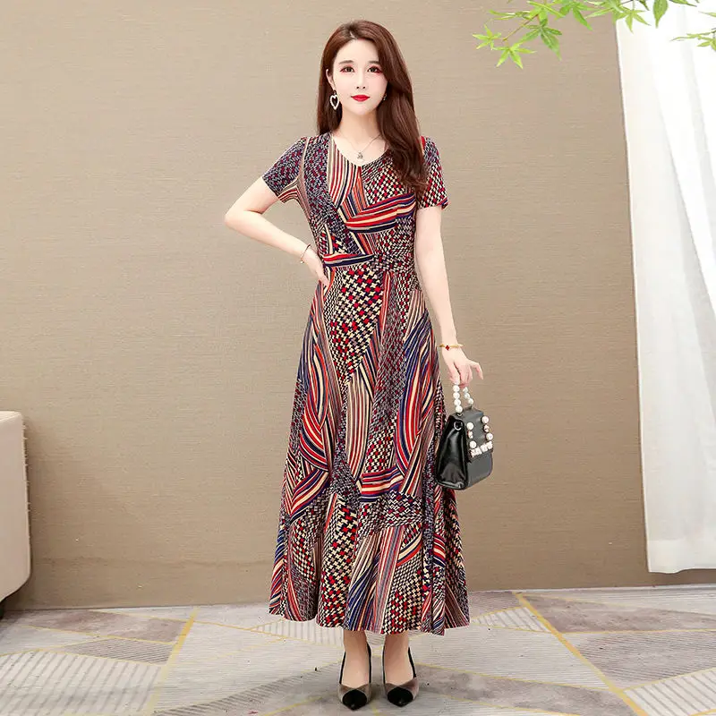2021 Summer Long Ice Silk Dress Large Swing Elegant Over-the-Knee - Image 4