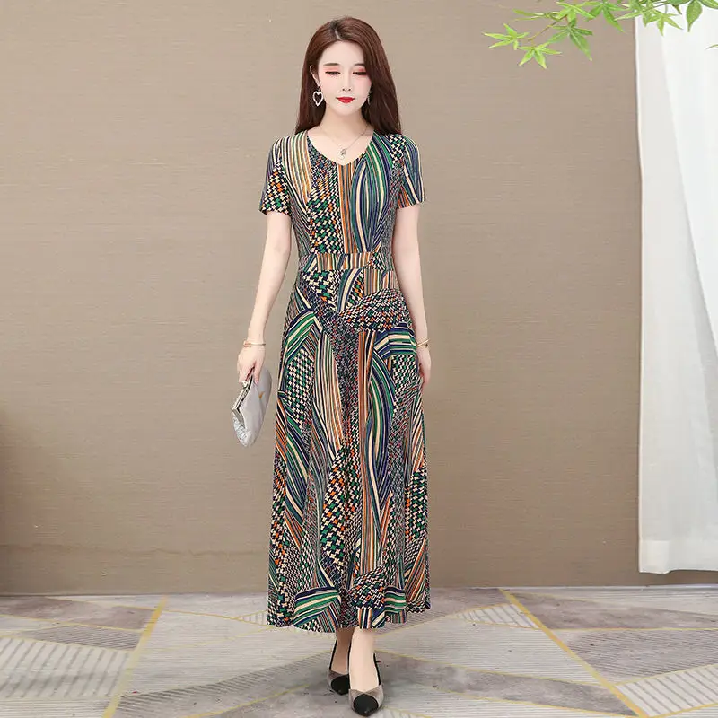 2021 Summer Long Ice Silk Dress Large Swing Elegant Over-the-Knee - Image 2