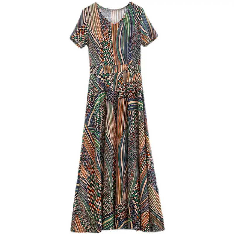 2021 Summer Long Ice Silk Dress Large Swing Elegant Over-the-Knee - Image 5