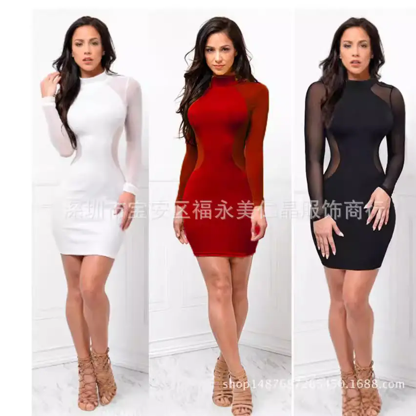 2025 Sexy Long Sleeve Mesh Dress White Red Black - Image 5