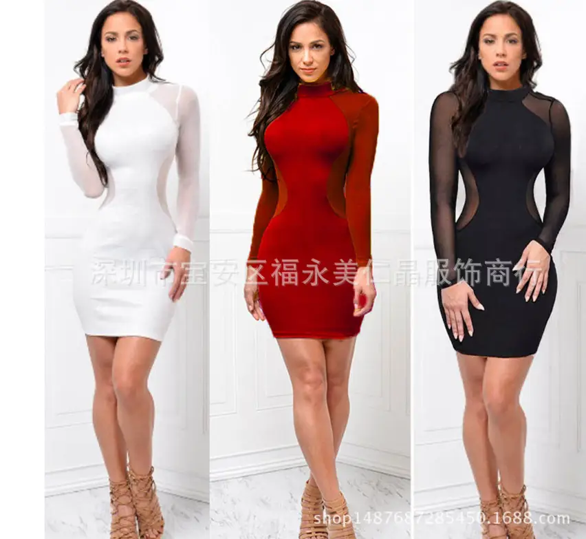2025 Sexy Long Sleeve Mesh Dress White Red Black - Image 3