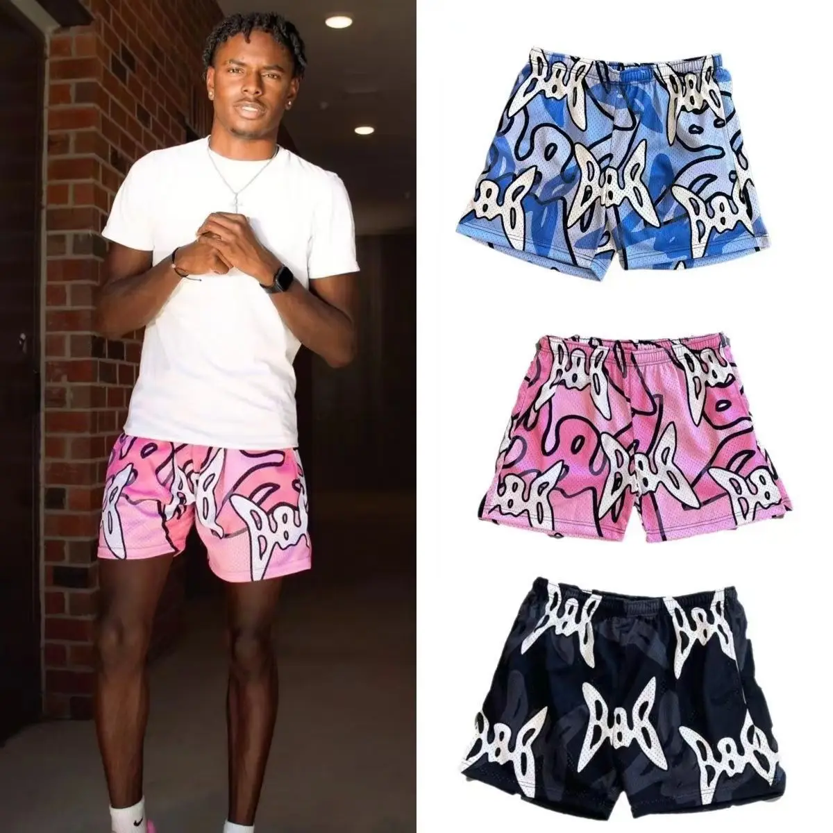 Hip-Hop Printed Shorts for Men Large Blue White - Image 4