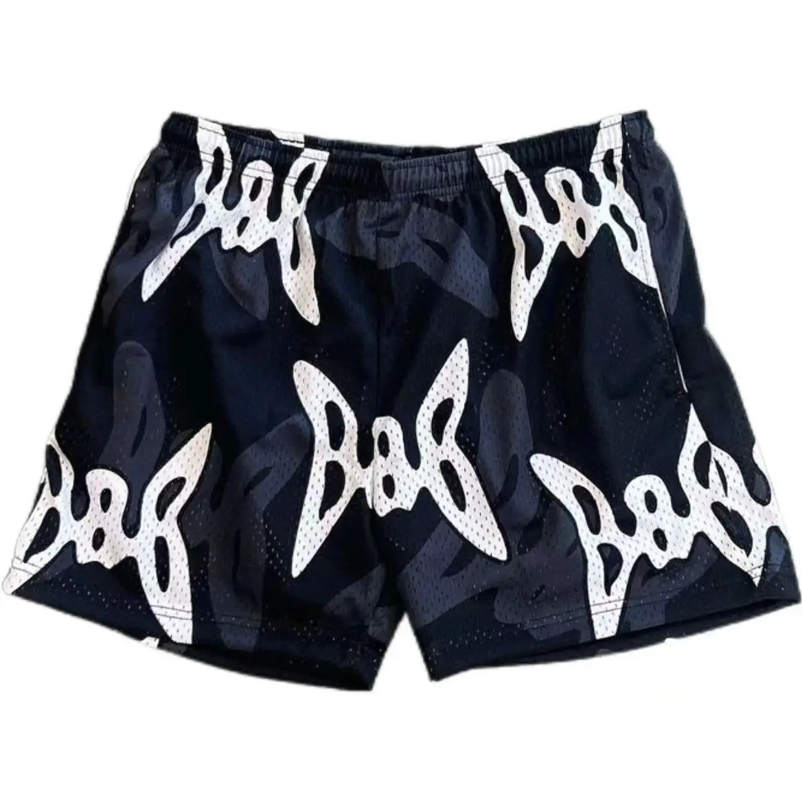 Hip-Hop Printed Shorts for Men Large Blue White - Image 3