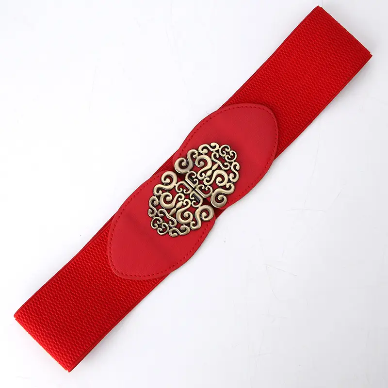 Red Wide Belt with Embroidered Decor for Women