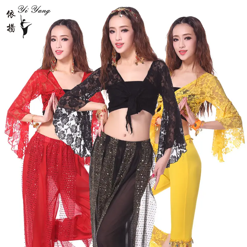Blue Lace Crossbody Dance Top with Trumpet Sleeves - Image 9