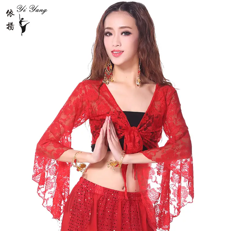 Blue Lace Crossbody Dance Top with Trumpet Sleeves - Image 3