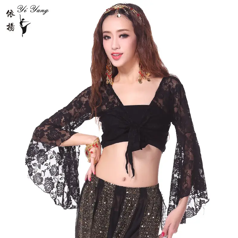 Blue Lace Crossbody Dance Top with Trumpet Sleeves - Image 5