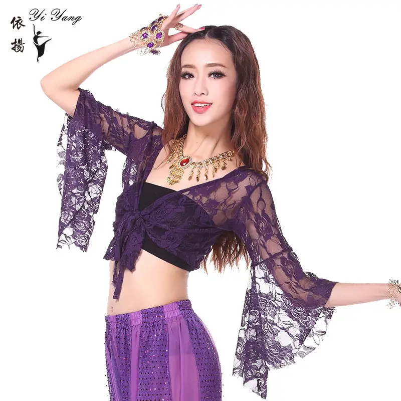 Blue Lace Crossbody Dance Top with Trumpet Sleeves - Image 4