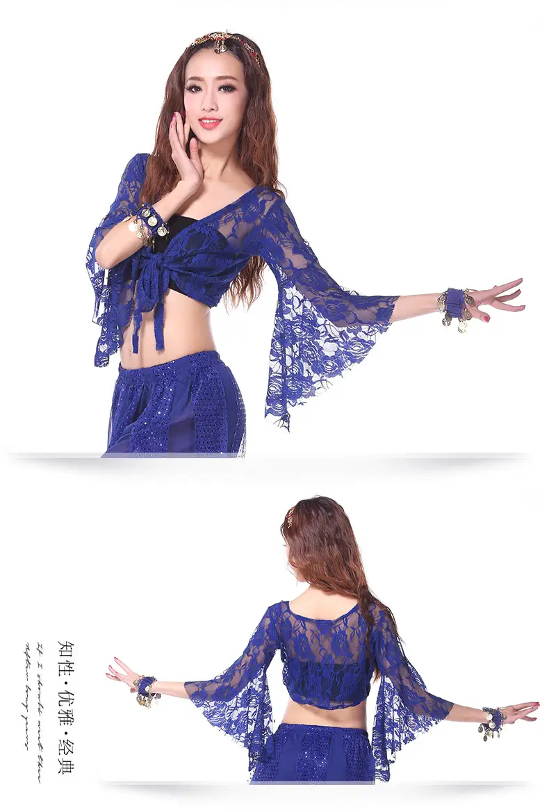 Blue Lace Crossbody Dance Top with Trumpet Sleeves — feature 10