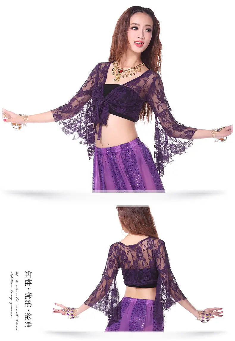 Blue Lace Crossbody Dance Top with Trumpet Sleeves — feature 11