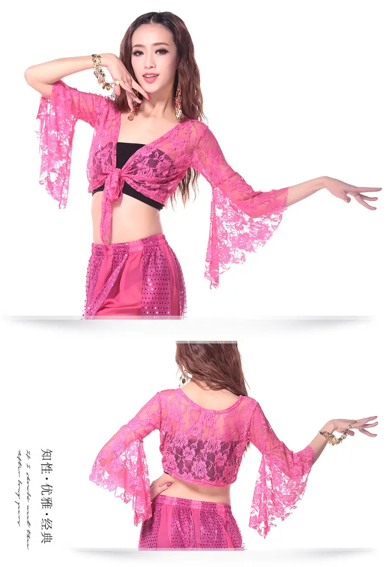 Blue Lace Crossbody Dance Top with Trumpet Sleeves — feature 13