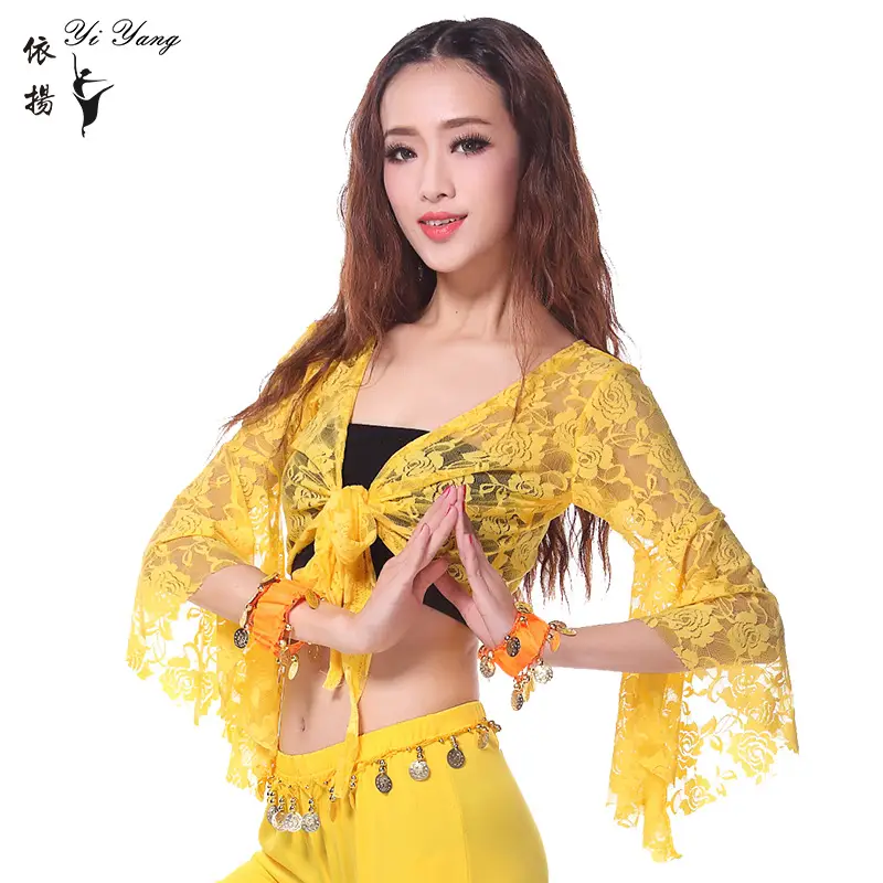 Blue Lace Crossbody Dance Top with Trumpet Sleeves - Image 2