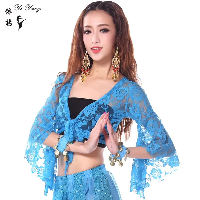 Blue Lace Crossbody Dance Top with Trumpet Sleeves - Image 6