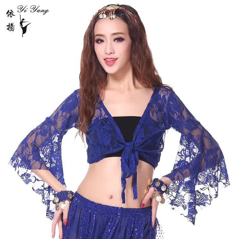 Blue Lace Crossbody Dance Top with Trumpet Sleeves - Image 7