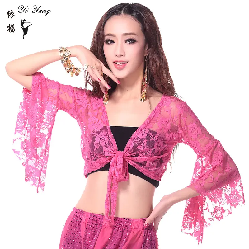 Blue Lace Crossbody Dance Top with Trumpet Sleeves - Image 8