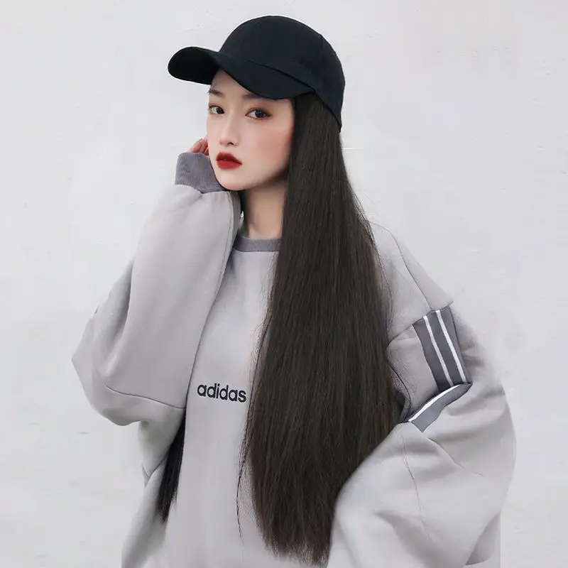 Long Hair Wig All-in-One Women's Black Cap - Image 3