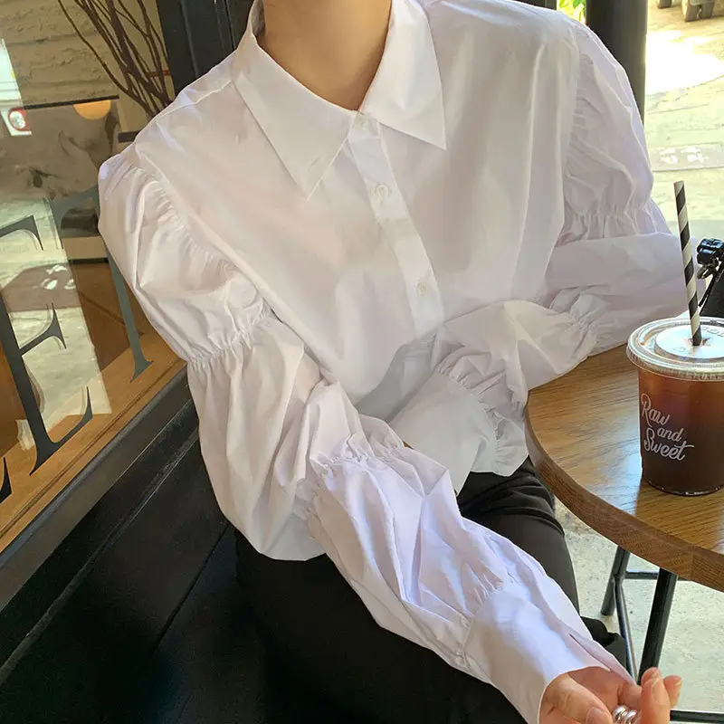 White Elastic Puff Sleeve Lapel Shirt for Women - Image 2