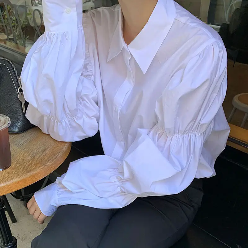 White Elastic Puff Sleeve Lapel Shirt for Women - Image 3