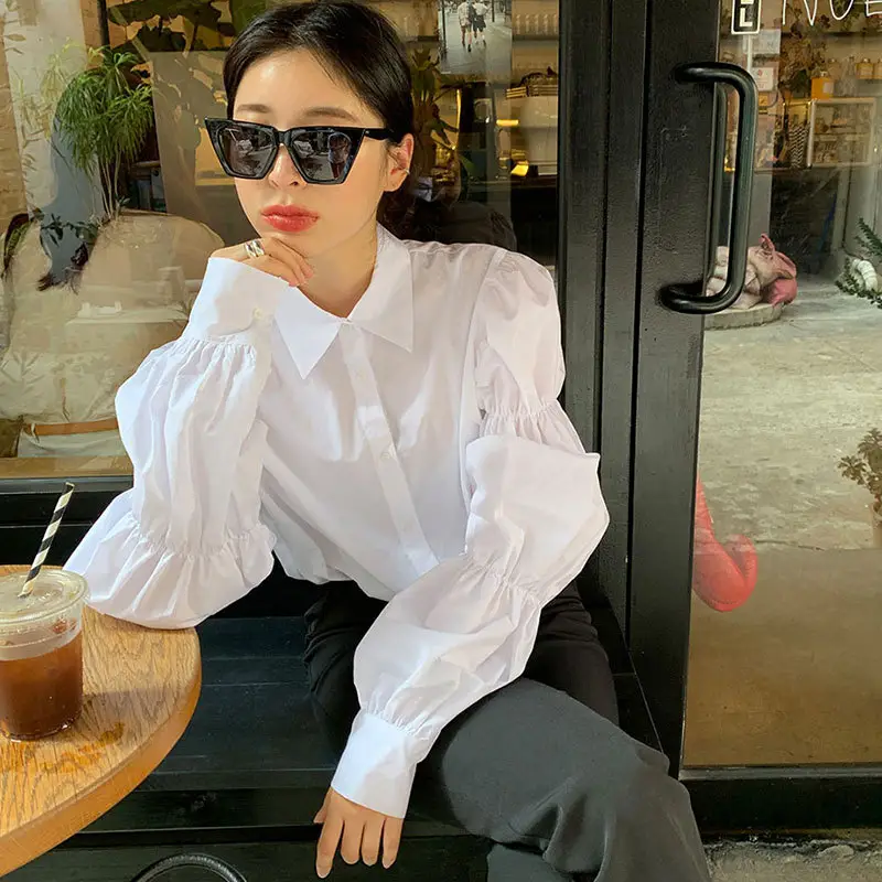 White Elastic Puff Sleeve Lapel Shirt for Women - Image 4