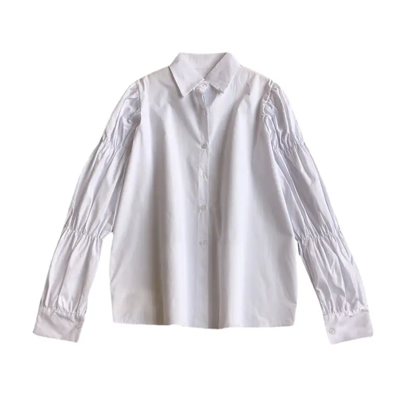 White Elastic Puff Sleeve Lapel Shirt for Women - Image 5