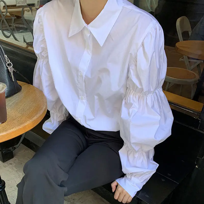 White Elastic Puff Sleeve Lapel Shirt for Women — feature 1