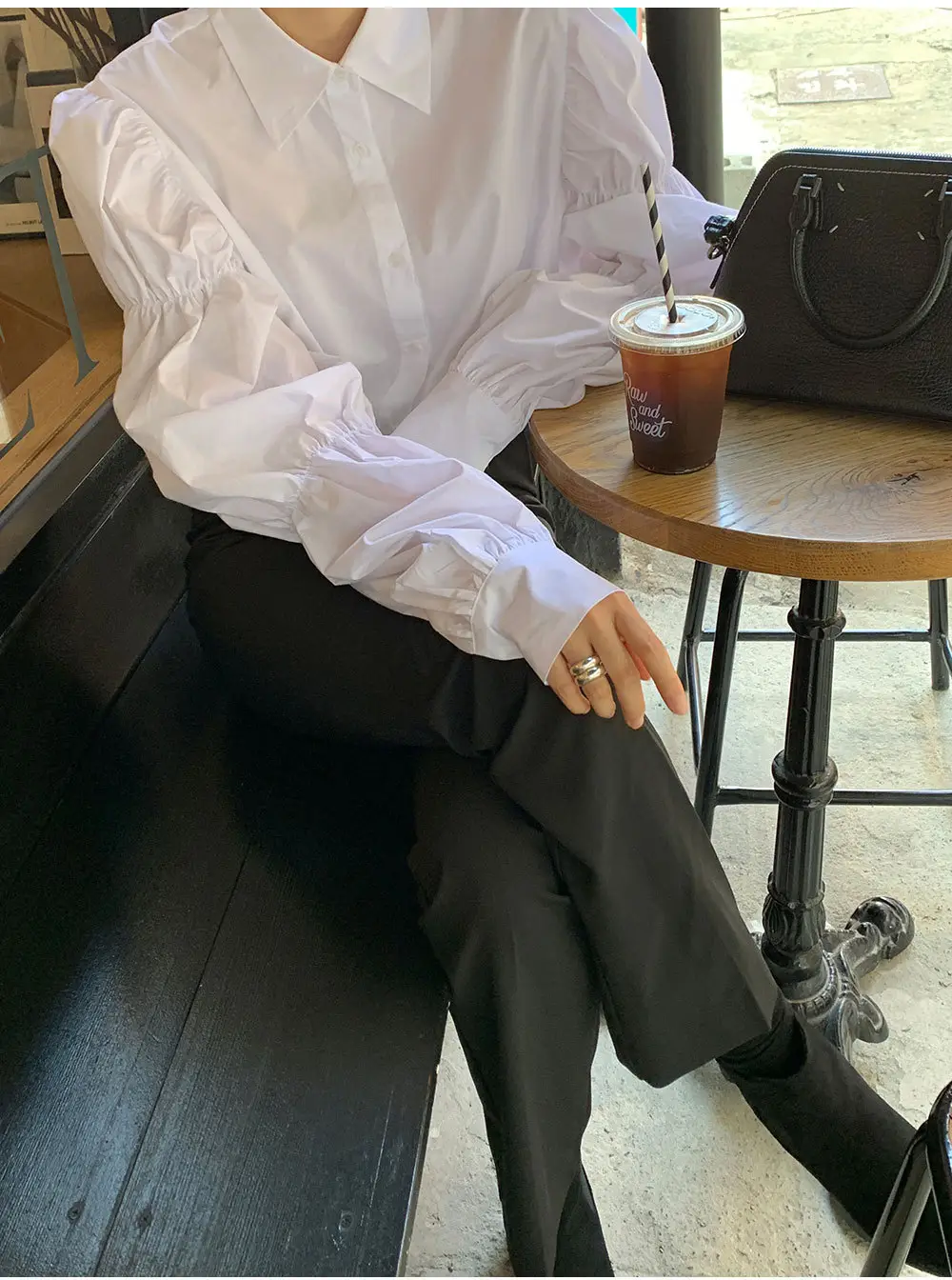 White Elastic Puff Sleeve Lapel Shirt for Women — feature 12