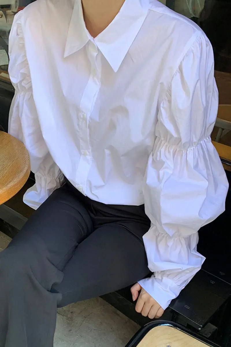 White Elastic Puff Sleeve Lapel Shirt for Women — feature 21