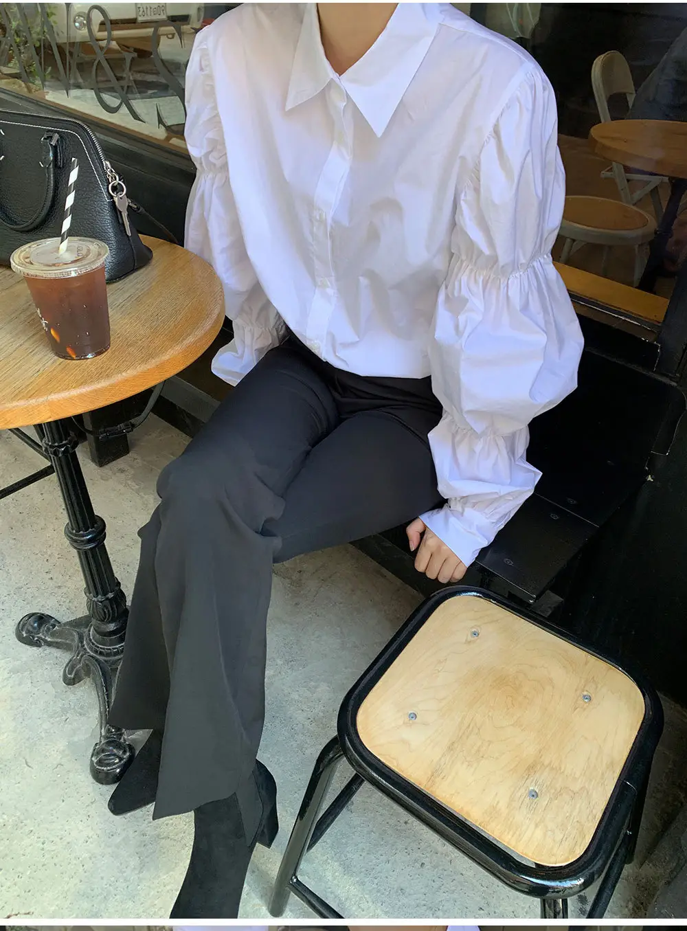 White Elastic Puff Sleeve Lapel Shirt for Women — feature 3