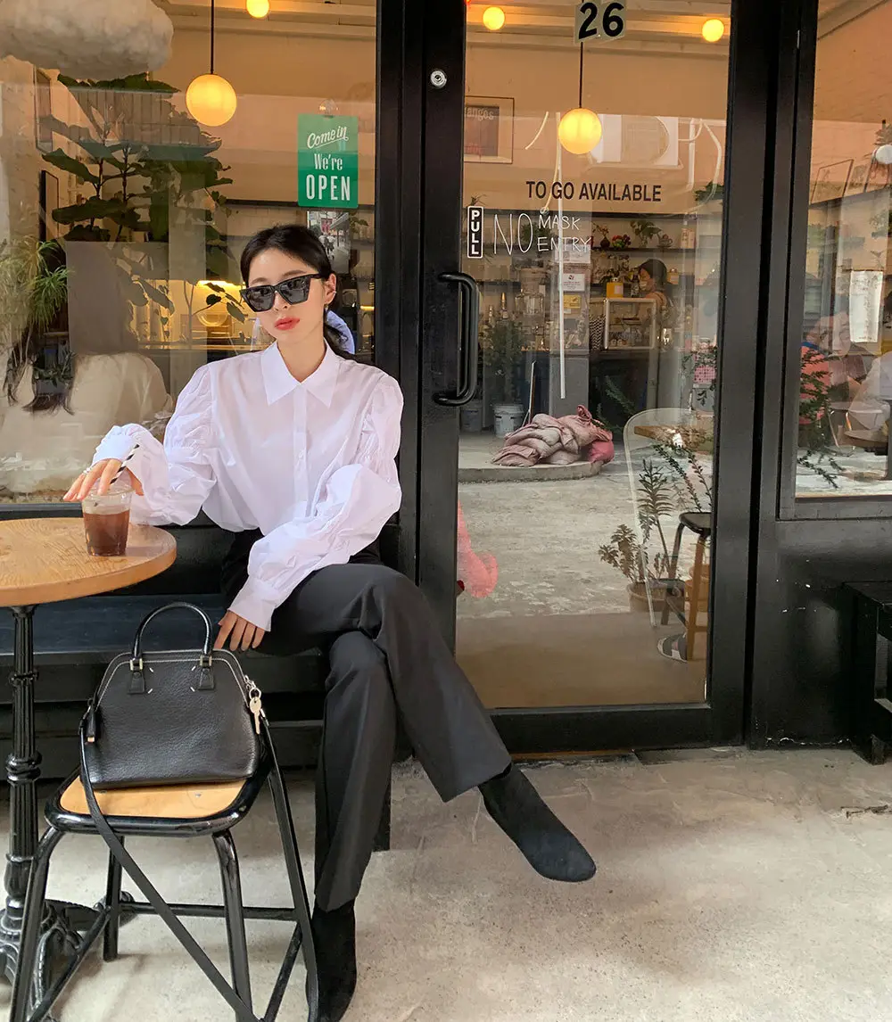 White Elastic Puff Sleeve Lapel Shirt for Women — feature 5