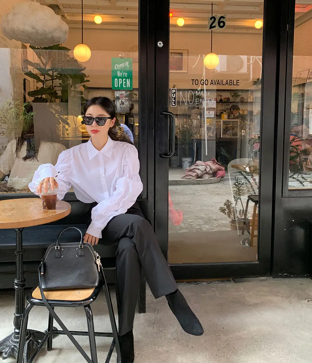 White Elastic Puff Sleeve Lapel Shirt for Women — feature 6