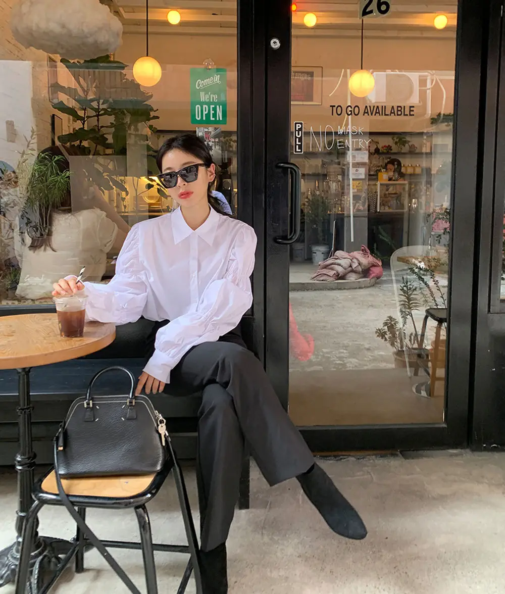 White Elastic Puff Sleeve Lapel Shirt for Women — feature 8