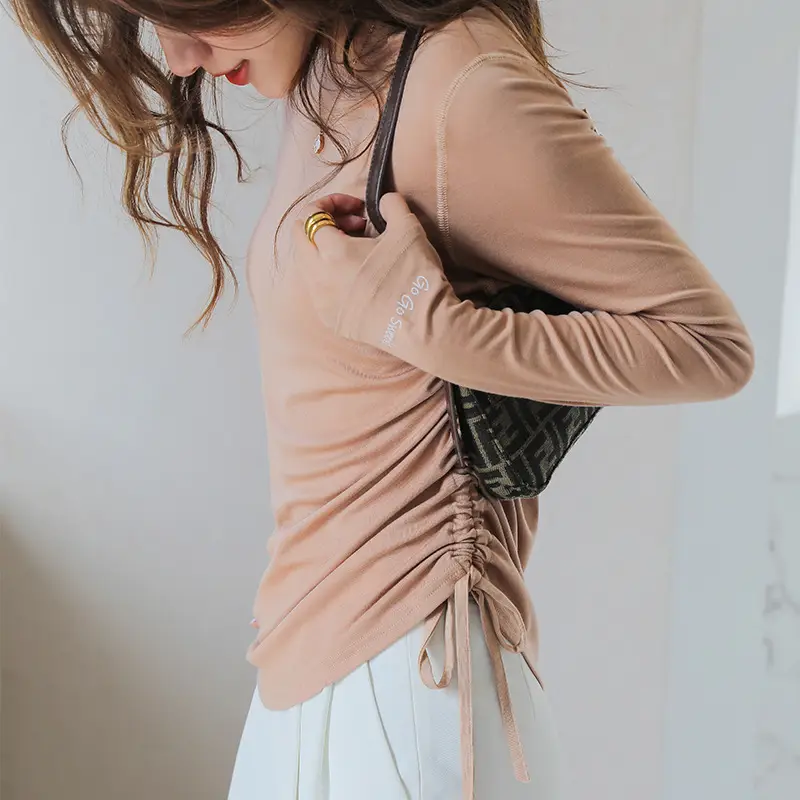 Women Long Sleeve Tie Front T-Shirt Beige - Image 8