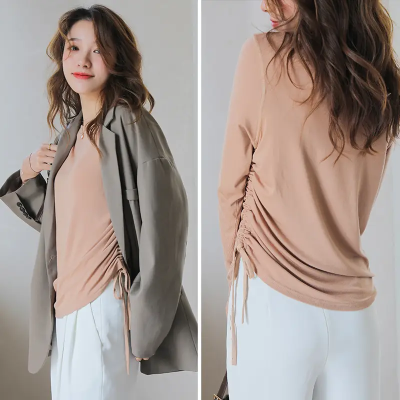 Women Long Sleeve Tie Front T-Shirt Beige - Image 9