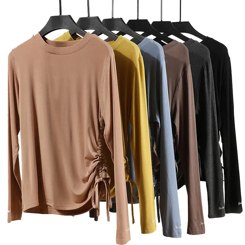 Women Long Sleeve Tie Front T-Shirt Beige - Image 11