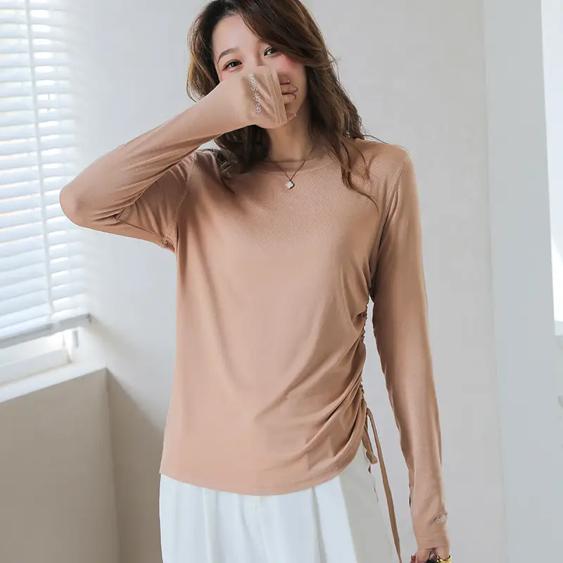 Women Long Sleeve Tie Front T-Shirt Beige - Image 3