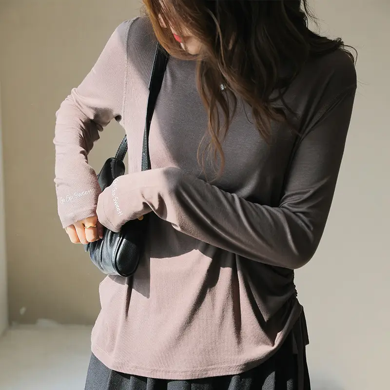 Women Long Sleeve Tie Front T-Shirt Beige - Image 4