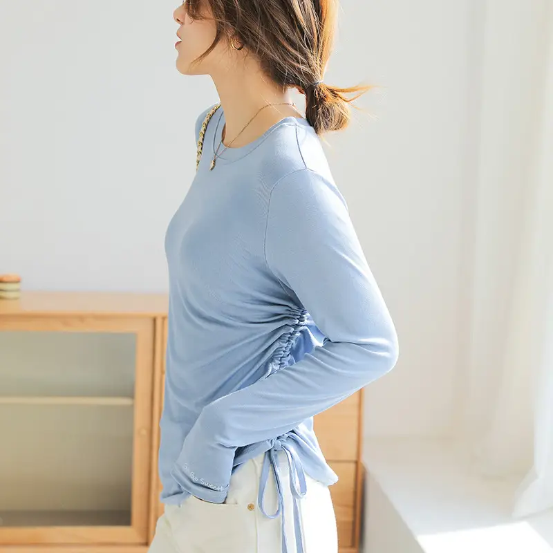 Women Long Sleeve Tie Front T-Shirt Beige - Image 6