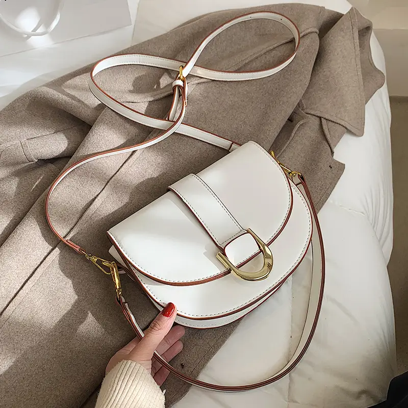 White Textured Saddle Bag for Women Shoulder Crossbody - Image 7