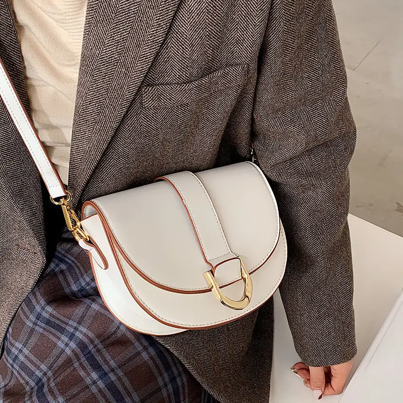 White Textured Saddle Bag for Women Shoulder Crossbody - Image 8