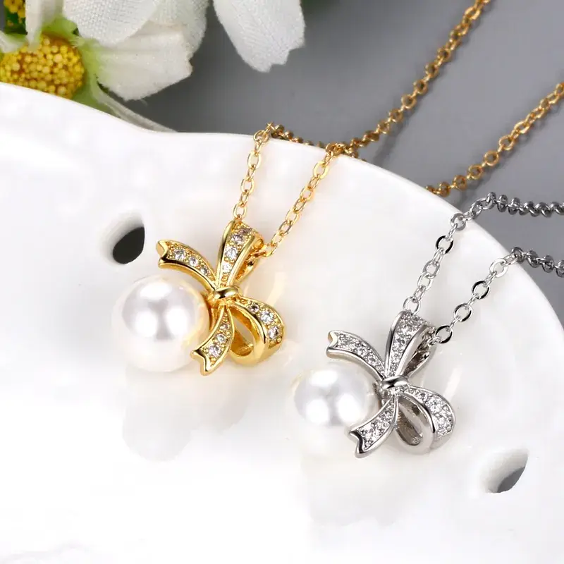 Japanese Bow Pearl Pendant Necklace Gold Zircon