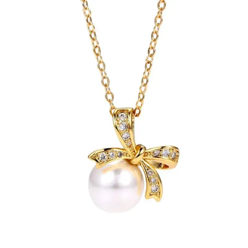 Japanese Bow Pearl Pendant Necklace Gold Zircon