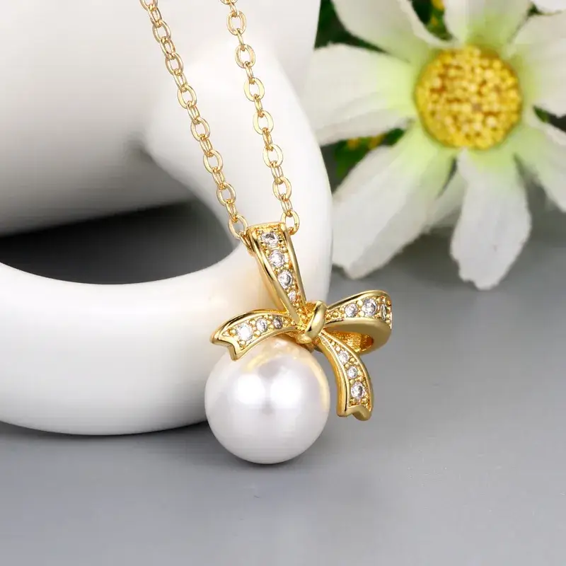 Japanese Bow Pearl Pendant Necklace Gold Zircon