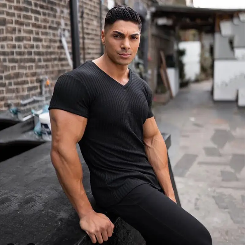 Men V-Neck Running T-Shirt Slim Fit Blue - Image 9