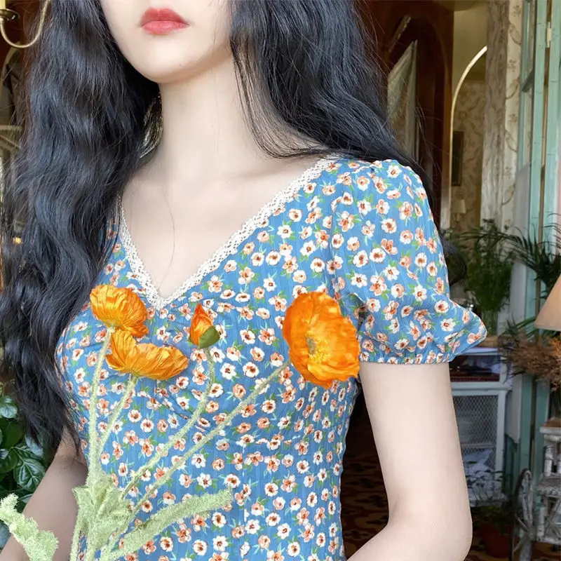 Pastoral Floral Dress V-Neck Puff Sleeve Blue - Image 4