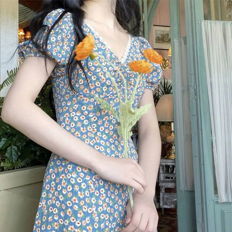 Pastoral Floral Dress V-Neck Puff Sleeve Blue - Image 5