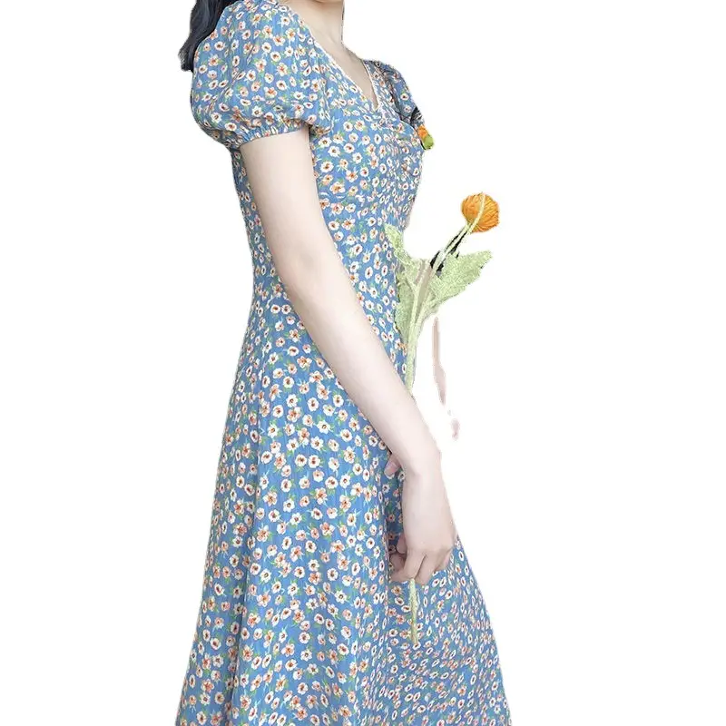 Pastoral Floral Dress V-Neck Puff Sleeve Blue - Image 6