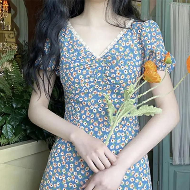 Pastoral Floral Dress V-Neck Puff Sleeve Blue — feature 2
